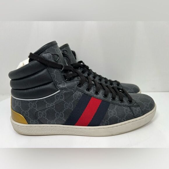 AUTH GUCCI MEN CANVAS GG LOGO PRINT ACE HIGH TOP GOLD BACK SNEAKERS SIZE 8 - Picture 1 of 9